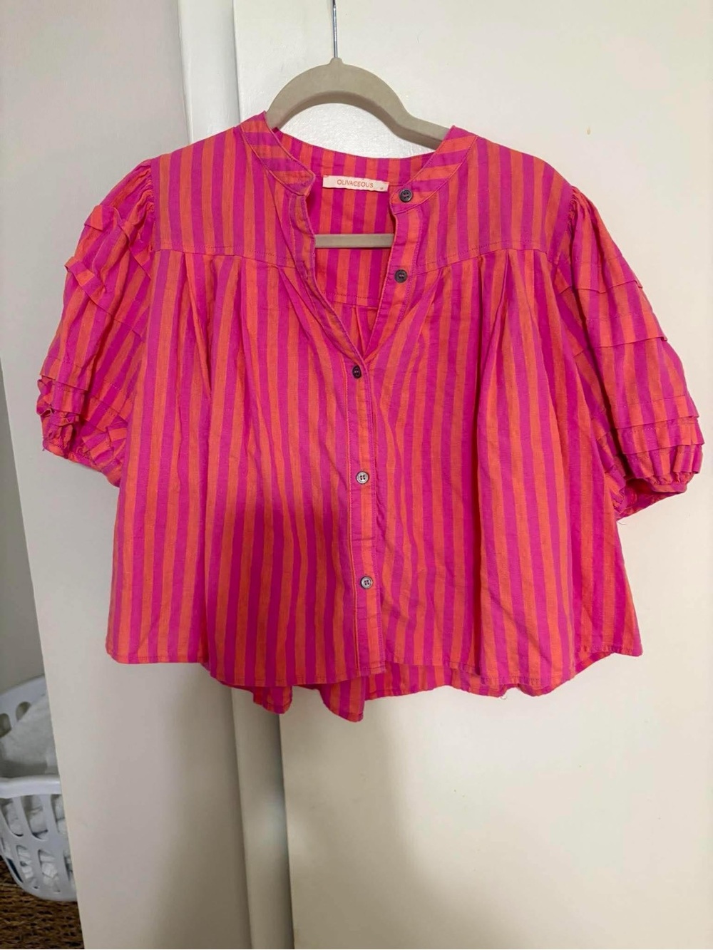 Olive & Oak Hot Pink and Orange Striped Button-Front Puff Sleeve Top